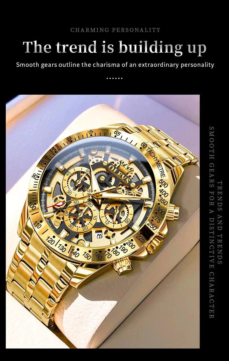 Mandotos OLEVS luxury gold men's skeleton chronograph wristwatch with stainless steel band, luminous dial, waterproof, quartz movement.