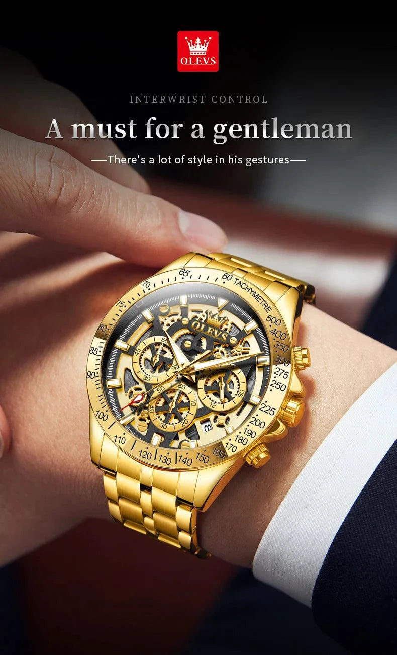 Mandotos OLEVS luxury men's gold skeleton stainless steel chronograph wristwatch with luminous dial and waterproof quartz movement.