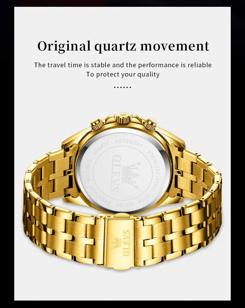 Mandotos OLEVS Luxury men's gold skeleton stainless steel chronograph wristwatch with luminous dial and waterproof quartz movement.