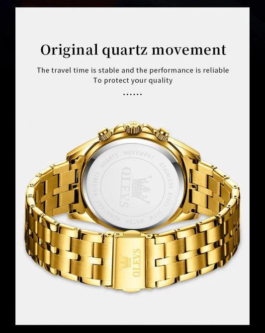 Mandotos OLEVS Luxury men's gold skeleton stainless steel chronograph wristwatch with luminous dial and waterproof quartz movement.