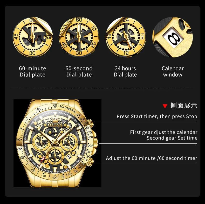 Mandotos OLEVS luxury gold men's skeleton stainless steel chronograph waterproof quartz wristwatch with luminous details