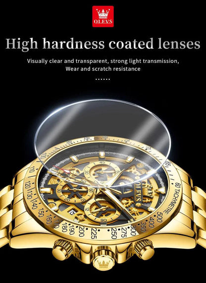 Mandotos OLEVS luxury men's gold skeleton stainless steel chronograph wristwatch with luminous dial and waterproof quartz movement.