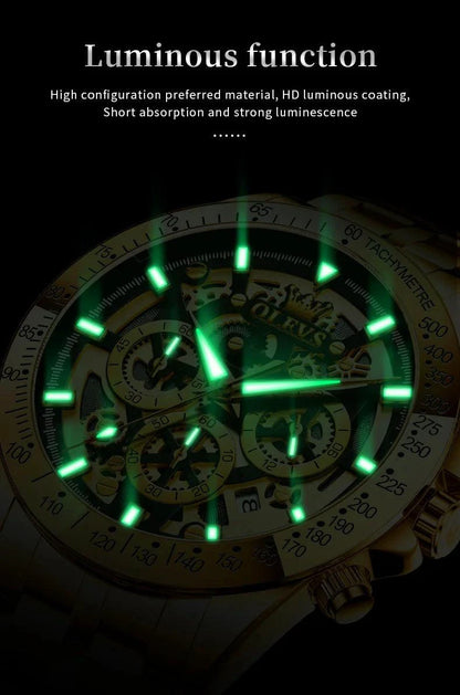 Mandotos OLEVS luxury gold men's skeleton stainless steel chronograph wristwatch with luminous dial and waterproof quartz movement