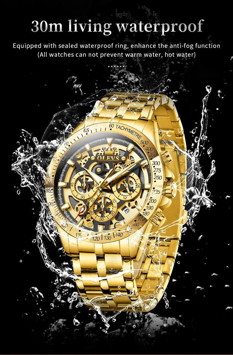 Mandotos OLEVS luxury men's gold skeleton stainless steel chronograph watch with luminous dial and waterproof quartz movement.