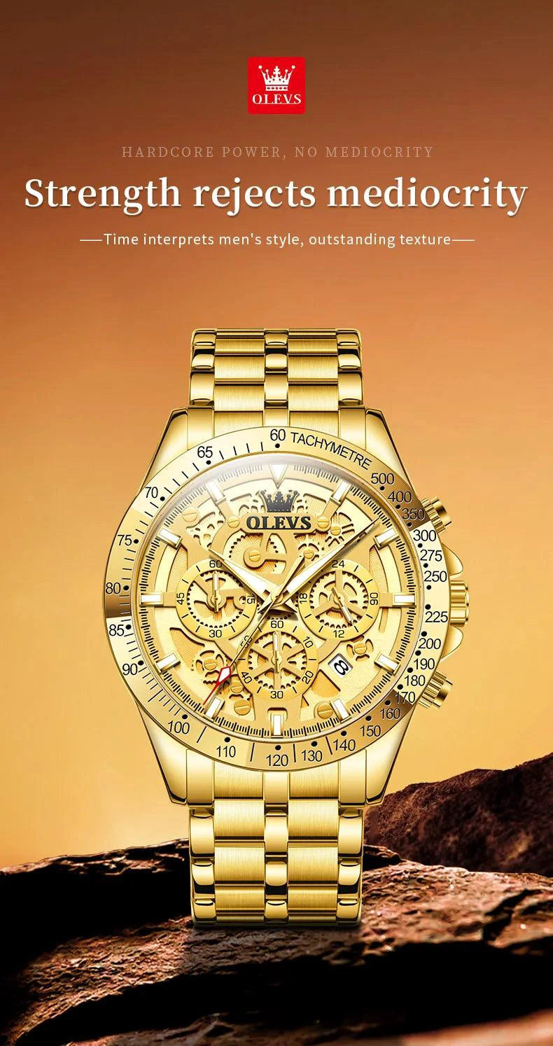 Mandotos OLEVS luxury men's gold skeleton stainless steel chronograph wristwatch with luminous dial and waterproof quartz movement.