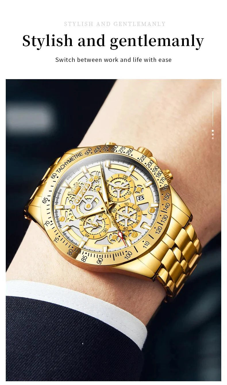 Mandotos OLEVS luxury gold men's skeleton stainless steel chronograph watch with luminous dial and waterproof quartz movement