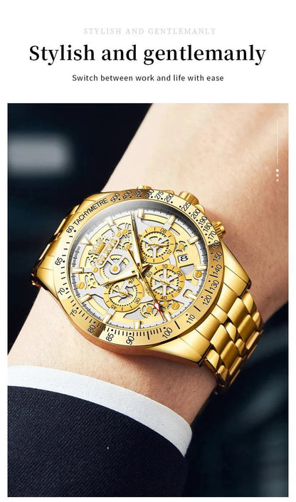 Mandotos OLEVS luxury gold men's skeleton stainless steel chronograph watch with luminous dial and waterproof quartz movement