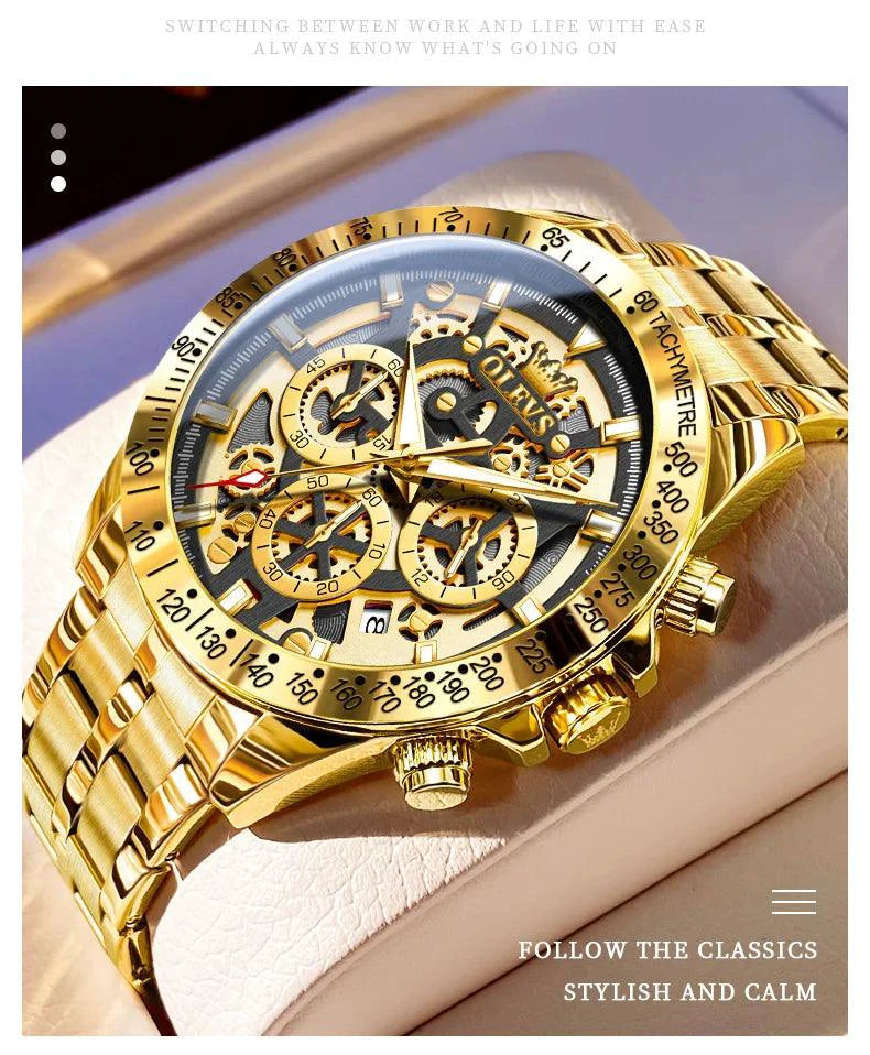 Mandotos OLEVS Luxury men's gold skeleton stainless steel chronograph waterproof quartz wristwatch with luminous dial.