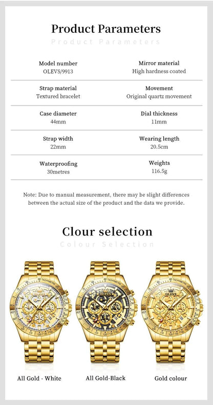 Mandotos OLEVS luxury gold men's skeleton stainless steel chronograph wristwatch with luminous dial and waterproof quartz movement.