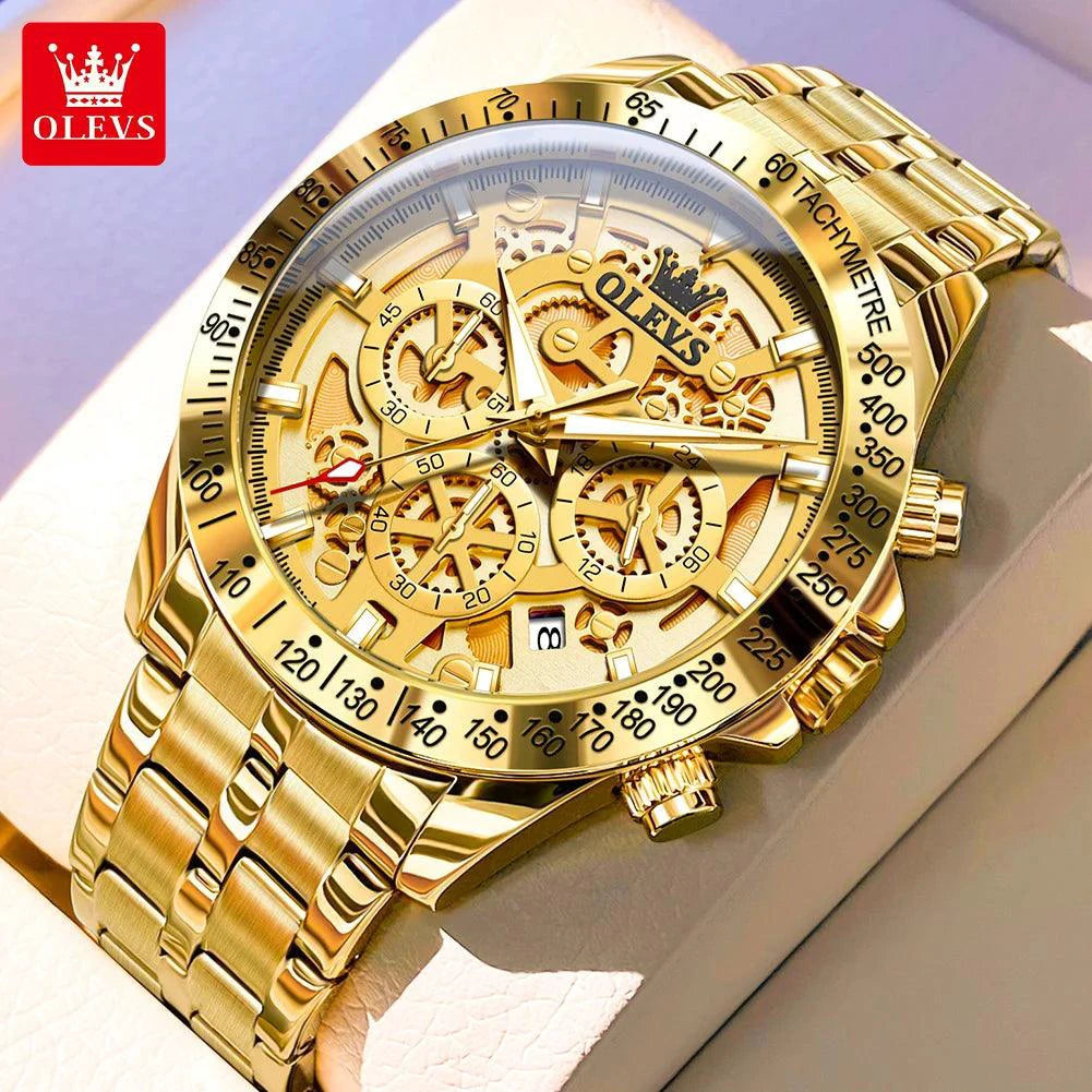 Mandotos OLEVS luxury men's gold skeleton stainless steel chronograph wristwatch with luminous dial and waterproof quartz movement.