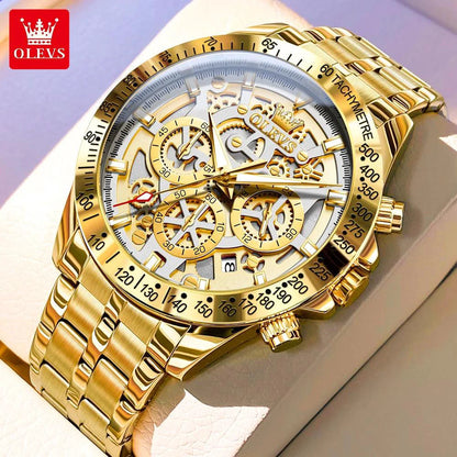 Mandotos OLEVS luxury men's gold skeleton stainless steel chronograph wristwatch with luminous dial and waterproof quartz movement.