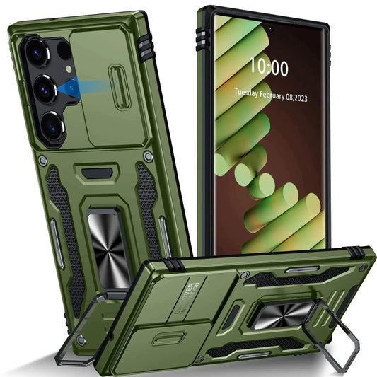 Mandotos OtterBox Galaxy S23 Ultra rugged case in olive green with kickstand, designed for adventure seekers.