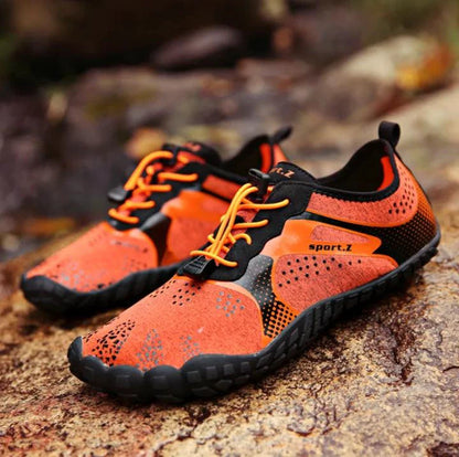 Mandotos outdoor hiking shoes in earthy tones with rugged soles, designed for trail walking and outdoor adventures.