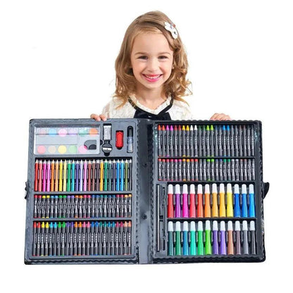 Mandotos painting set with brushes, oil pastels, watercolor pens, and school supplies for creative art projects.