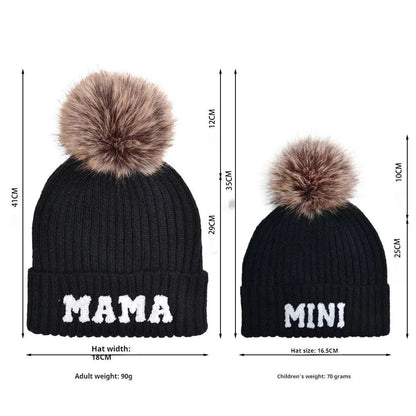 Set of three matching winter beanie hats for parents and baby by MANDOTOS, cozy knit caps for family warmth.
