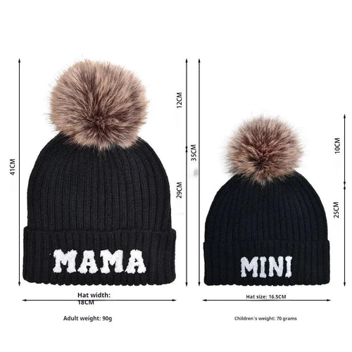 Set of three matching winter beanie hats for parents and baby by MANDOTOS, cozy knit caps for family warmth.