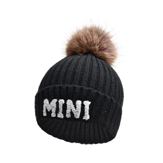 Set of three MANDOTOS parent-child matching beanie hats for mama, papa, and baby, perfect for winter warmth and family style.