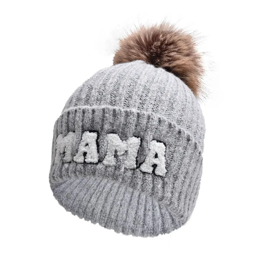 Set of three matching parent-child beanie hats by MANDOTOS, including mama, papa, and baby winter knit caps with colorful patterns.