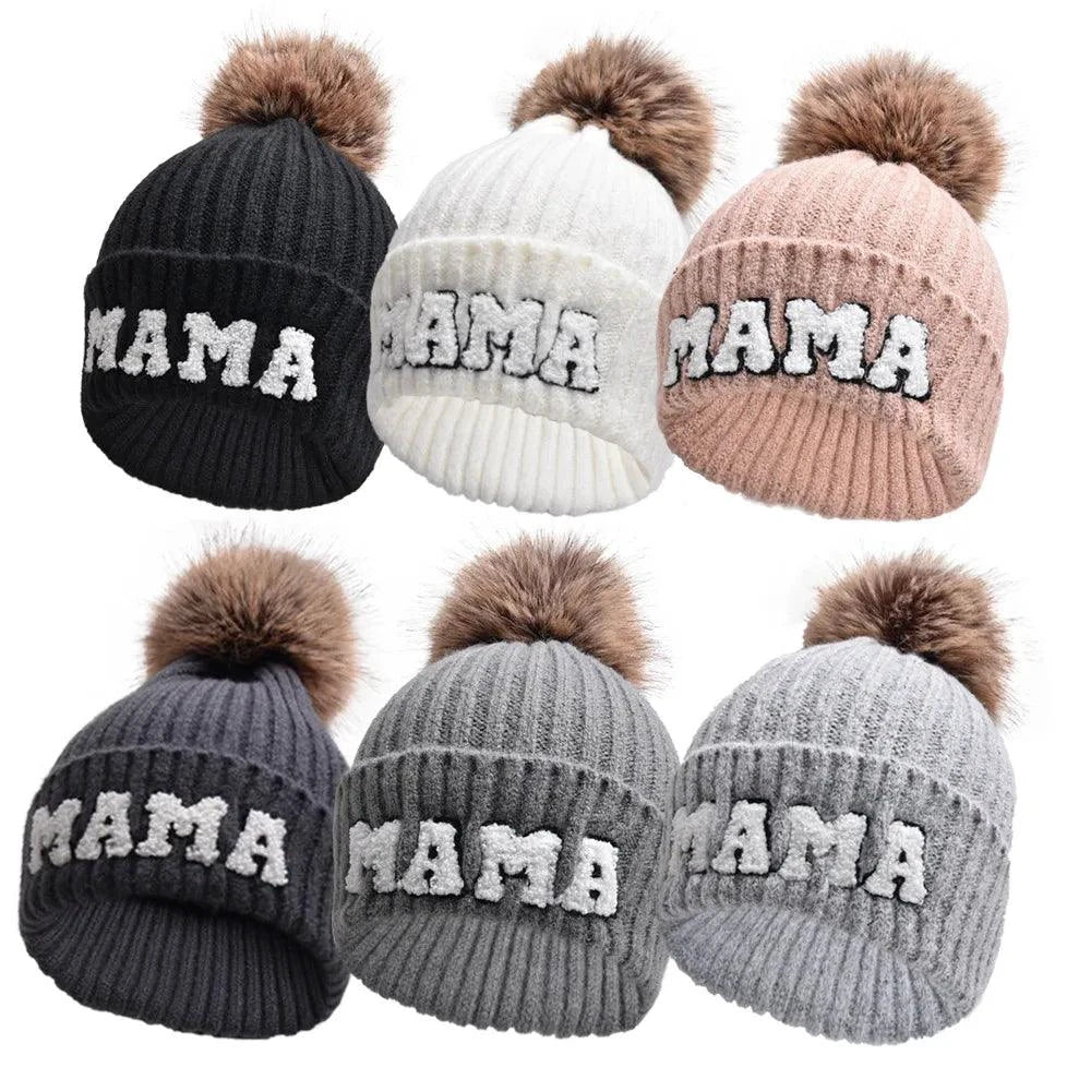 Set of three MANDOTOS parent-child matching beanie hats for mama, papa, and baby, perfect for winter warmth and family photos.