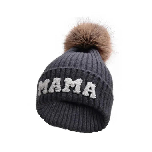 Set of three MANDOTOS parent-child matching beanie hats for mama, papa, and baby, perfect for winter warmth and family style.