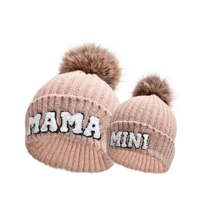Parent and child matching beanie hats from MANDOTOS, set of three winter knit hats in various colors.