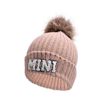 Matching parent-child beanie hats set by MANDOTOS, includes three warm winter hats for mama, papa, and baby.