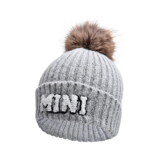 Set of three MANDOTOS parent-child matching beanie hats in cozy winter knit for mama, papa, and baby, stylish and warm.
