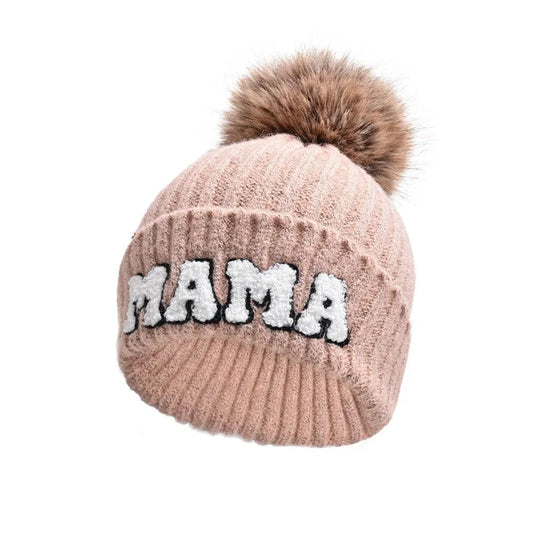 Matching parent-child beanie hats set by MANDOTOS, includes three cozy winter knit hats for mama, papa, and baby.