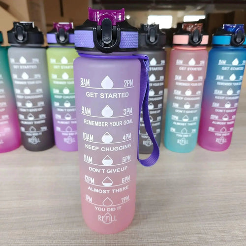 Mandotos PeakHydrate motivational water bottle with inspiring quote, blue and white design, durable plastic, and leak-proof lid.