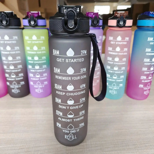 Mandotos PeakHydrate motivational water bottle with inspirational text and leak-proof design for active hydration.