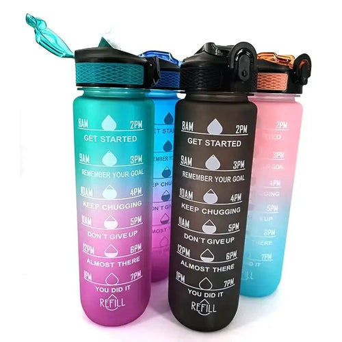 Mandotos PeakHydrate motivational water bottle with colorful design and secure lid, ideal for staying hydrated during workouts.
