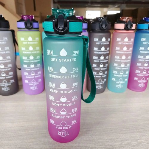 Mandotos PeakHydrate motivational water bottle with flip-top lid and colorful design, ideal for staying hydrated during workouts.
