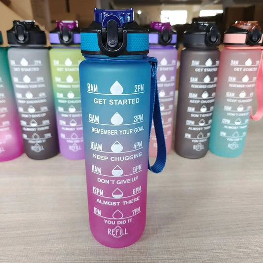Mandotos PeakHydrate motivational water bottle with colorful design and flip lid, ideal for staying hydrated during workouts.