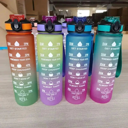 Mandotos PeakHydrate motivational water bottle with colorful design and built-in straw for easy hydration.