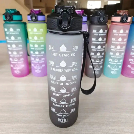 Mandotos PeakHydrate motivational water bottle with inspirational quote and leak-proof lid, ideal for staying hydrated on the go.