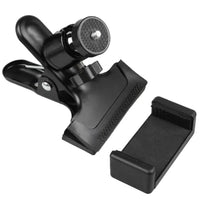 Mandotos Phone Guitar Clip Stand holding a smartphone, adjustable design for easy viewing and hands-free use.