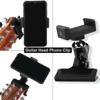 Mandotos Phone Guitar Clip Stand holding a smartphone, adjustable mount for hands-free use and easy viewing.