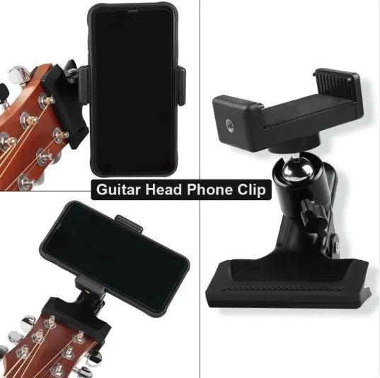 Mandotos Phone Guitar Clip Stand holding a smartphone, adjustable mount for hands-free use and easy viewing.
