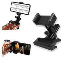 Mandotos Phone Guitar Clip Stand holding a smartphone, adjustable clip design for hands-free use and easy viewing.