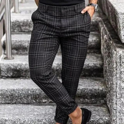 Mandotos men's plaid print casual trousers with a loose fit and lightweight, thin fabric, ideal for relaxed everyday wear.
