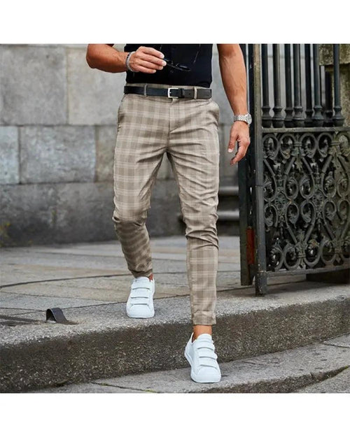 Mandotos men's plaid print casual trousers, loose and thin fit, shown in a relaxed style with a plaid pattern.