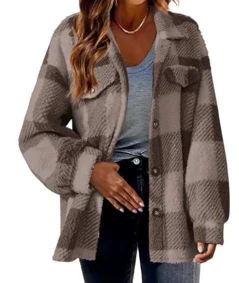 Mandotos plaid wool jacket with turndown collar, featuring classic check pattern and cozy fabric for stylish warmth.