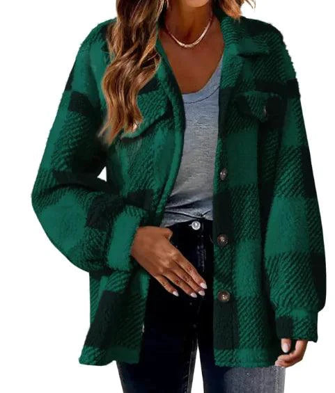 Mandotos plaid wool jacket with turndown collar, featuring a classic checkered pattern and cozy fabric for stylish warmth.