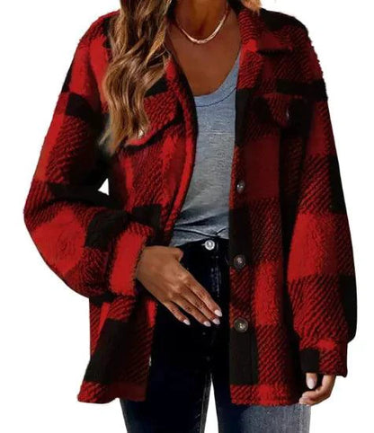 Mandotos plaid wool jacket with turndown collar, featuring a classic checkered pattern and cozy winter style.