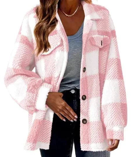 Mandotos plaid wool jacket with turndown collar, featuring a stylish checkered pattern and warm, cozy fabric.