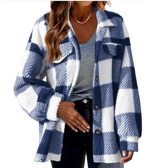 Mandotos plaid wool jacket with turndown collar, featuring a classic checkered pattern and cozy warm fabric.