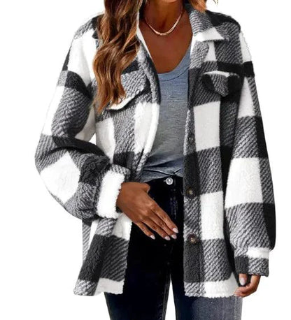 Mandotos plaid wool jacket with turndown collar, featuring a stylish checkered pattern and cozy fabric for fall and winter wear.