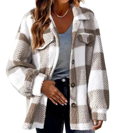 Mandotos plaid wool jacket with turndown collar, featuring a cozy, stylish design in a classic checkered pattern.