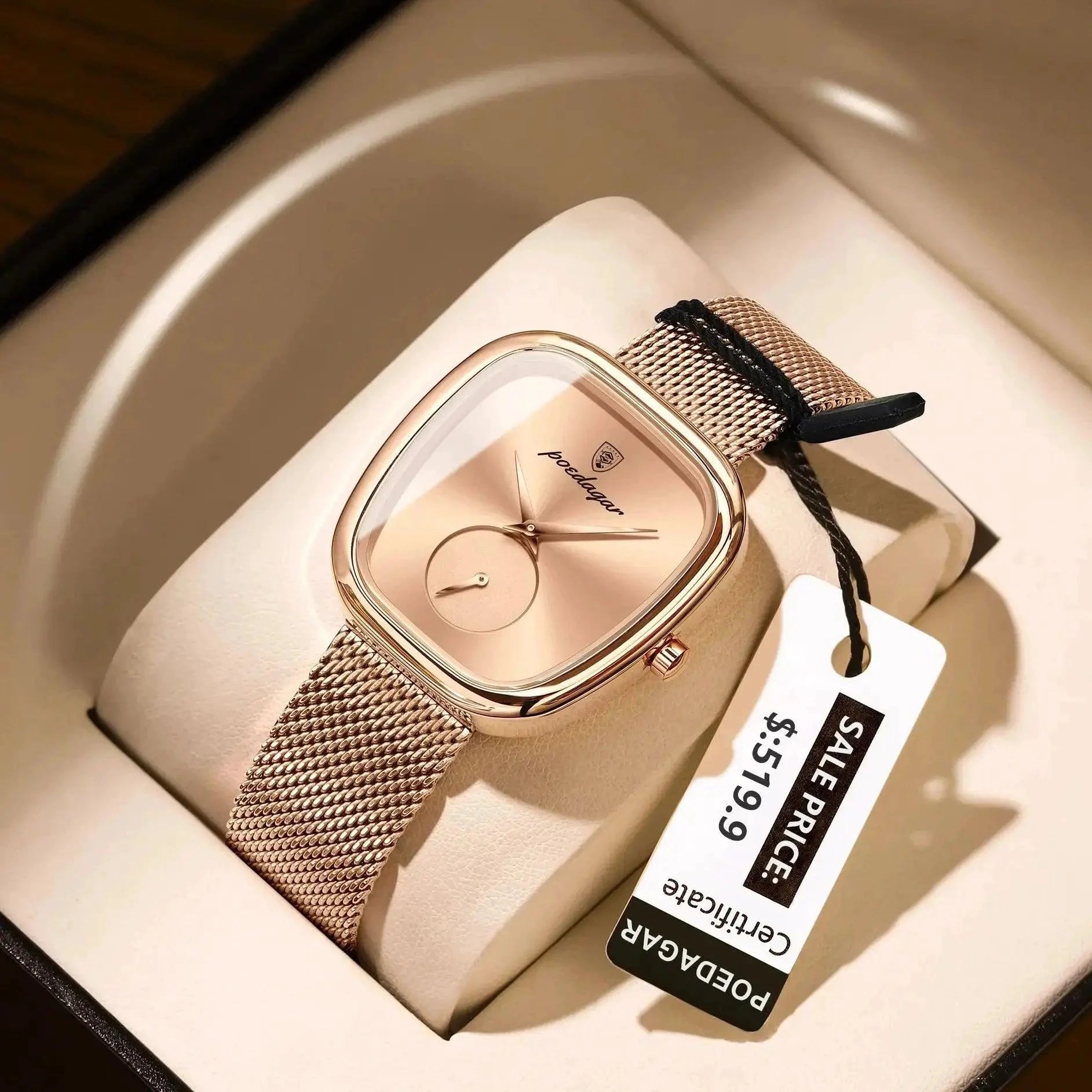 Mandotos POEDAGAR elegant women's mesh watch with waterproof stainless steel band and quartz movement.