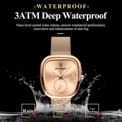 Mandotos POEDAGAR women's mesh watch with stainless steel band, waterproof quartz movement, stylish design for ladies.
